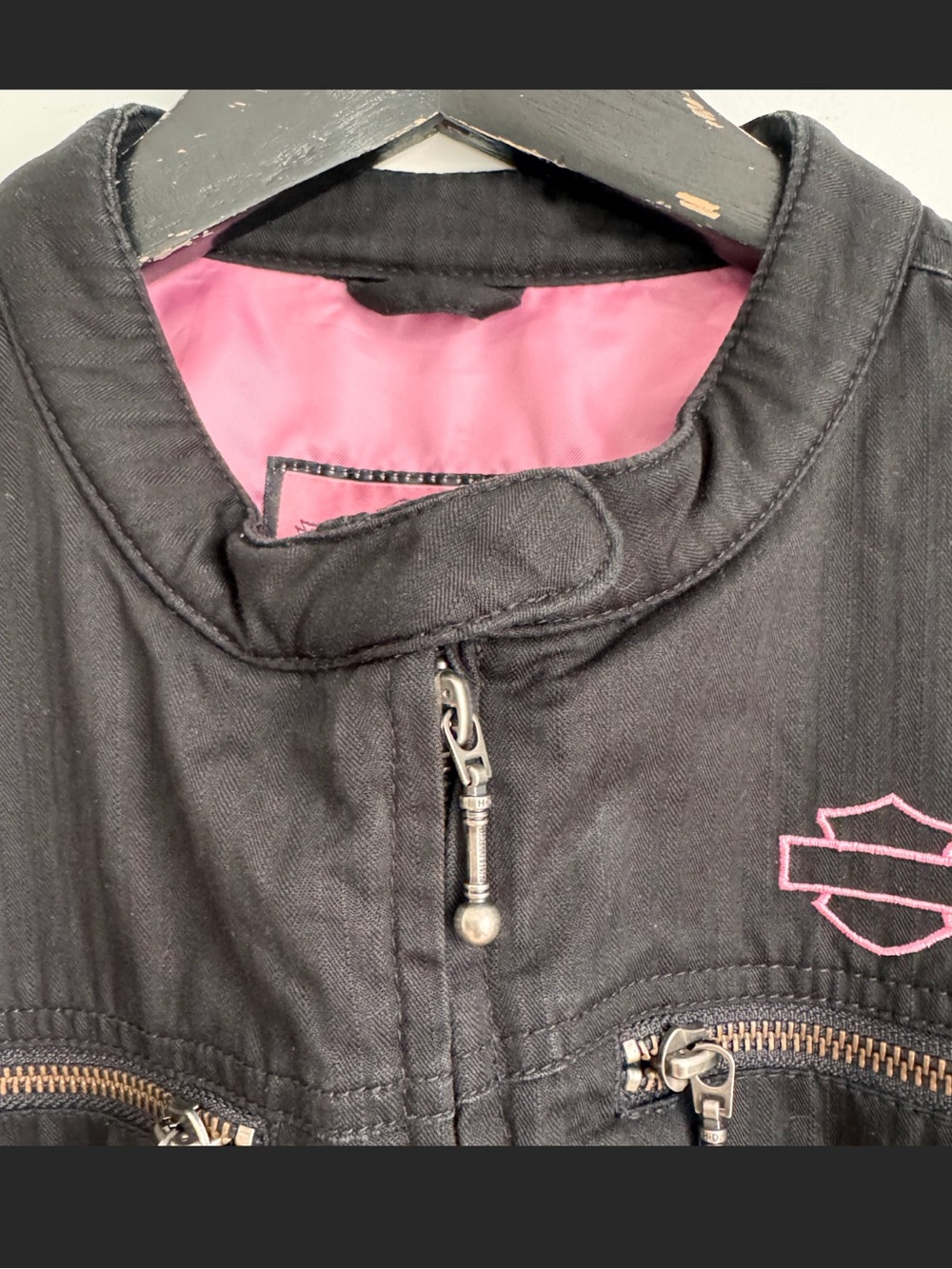 Harley-Davidson Black Cotton Side Lace Up Moto Jacket Pink Script Logo S - Picture 6 of 16